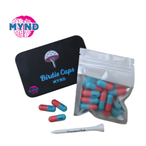 Birdie Capsule image of birdie Capsule in a sachet in front of a mynd logo with three cars nd a golf tee by the side