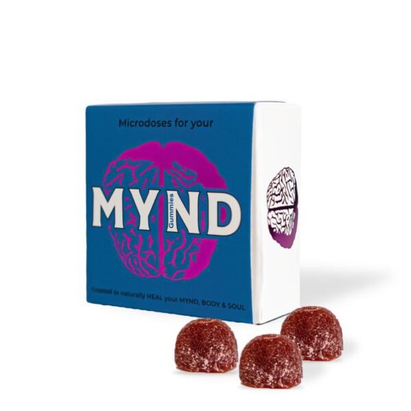 Three mynd mushroom Gummies lay in front of a myndlyfe mushroom gummy packet on a white background